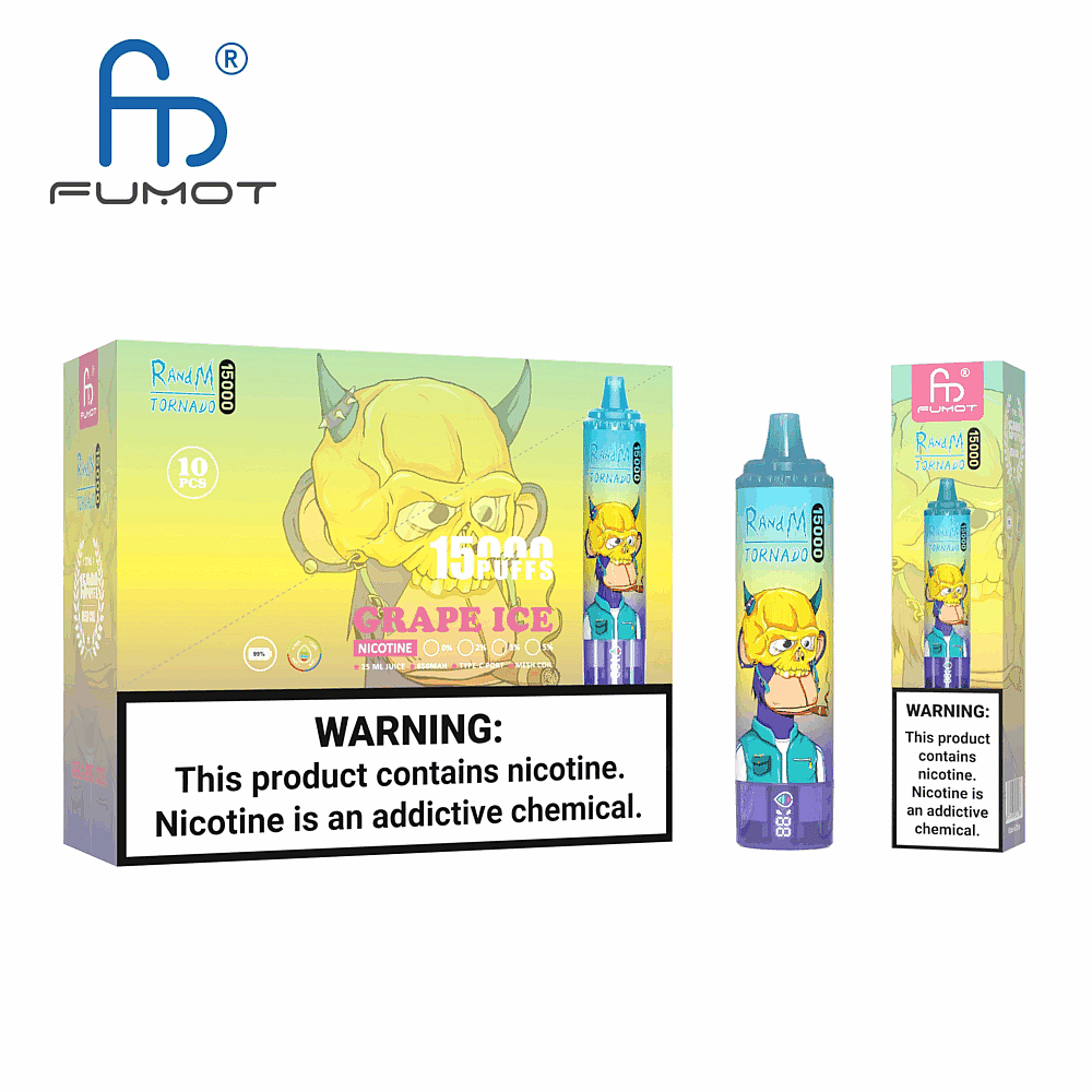 Grape-Ice-Vape-Produkt der Marke Fumot mit 15.000 Zügen, einer Zeichentrickfigur auf der Verpackung und einer Warnung vor Nikotinsucht.