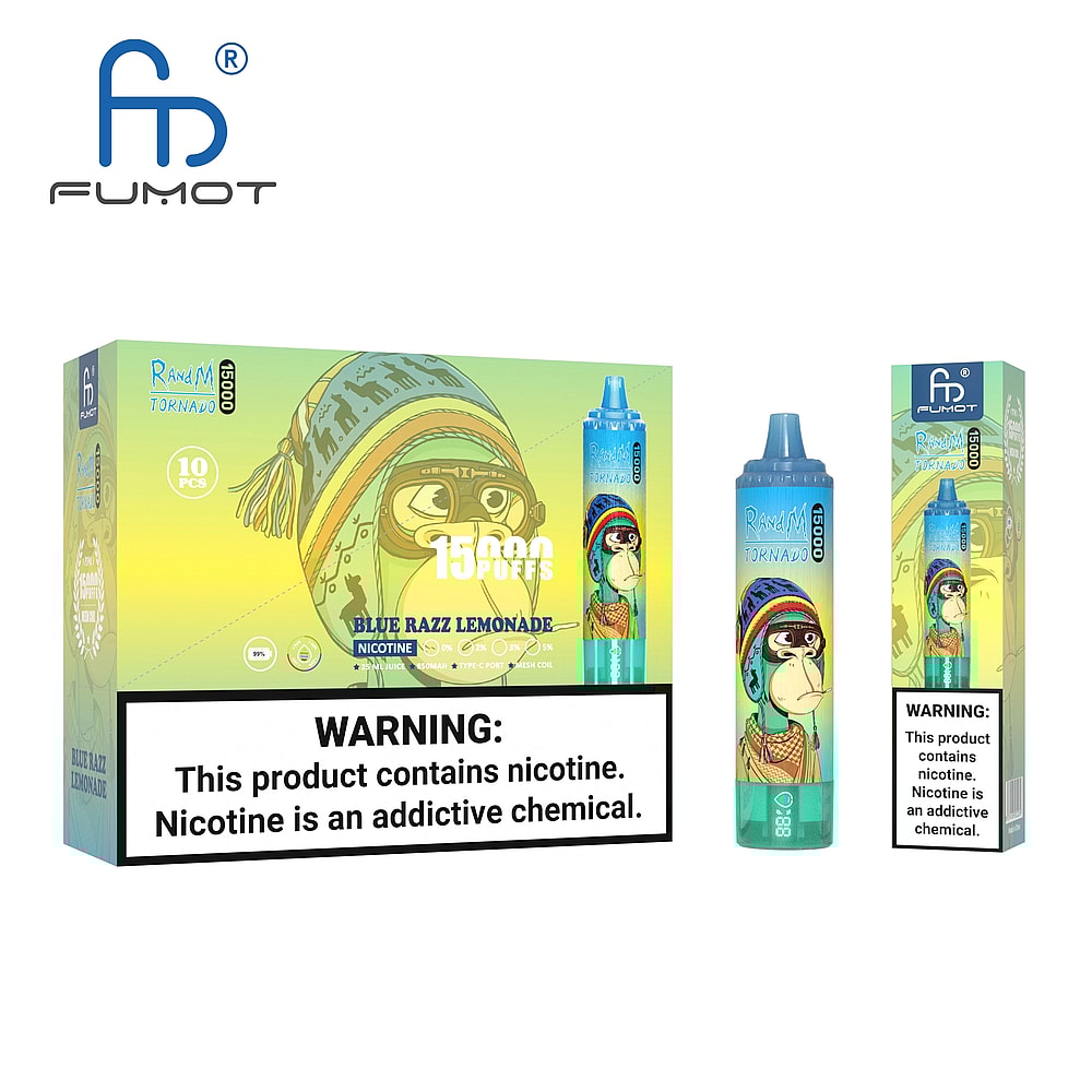 Confezione ed esposizione di una sigaretta elettronica usa e getta del marchio FUMOT, raffigurante una scimmia dei cartoni animati che indossa occhiali e un berretto, con l'etichetta "Blue Razz Lemonade", con 15.000 boccate e l'avvertenza sulla nicotina ben visibile.