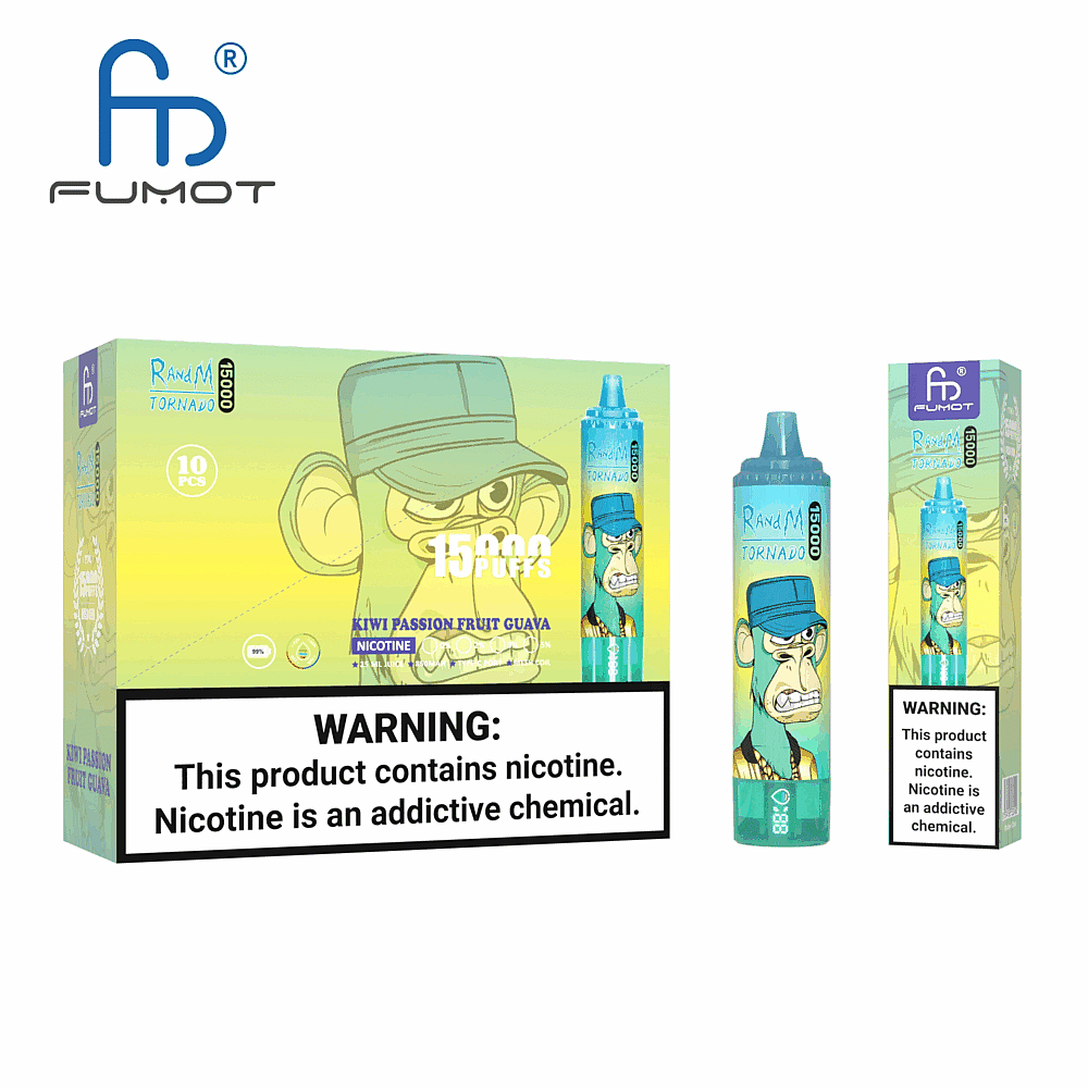 Verpackung und Produkt des Vape der Marke Fumot mit dem Geschmack „Kiwi-Passionsfrucht-Guave“, mit 15.000 Zügen, einem Comic-Affen mit Hut und einem Warnhinweis zu Nikotin.