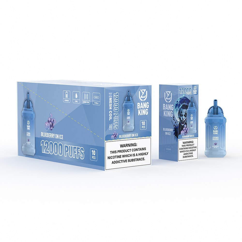 A blue disposable vape device and packaging labeled "Bang King" with "Blueberry on Ice" flavor, "12000 puffs," and nicotine warning.