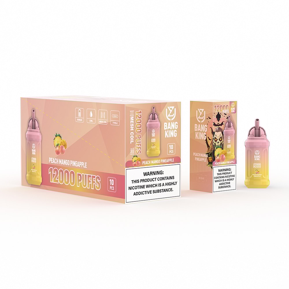 Packaging of "Bang King" vape with 12000 puffs in a peach mango pineapple flavor, featuring product images, a nicotine warning label, and mesh coil mention.