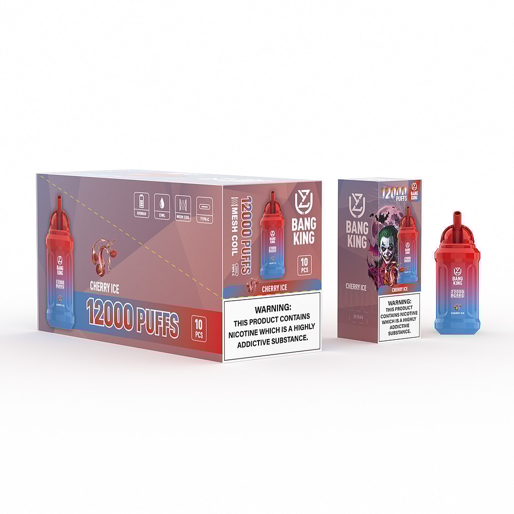 Packaging of Bang King Cherry Ice disposable vape with 12,000 puffs, featuring a red and blue vape device and product warnings about nicotine addiction.