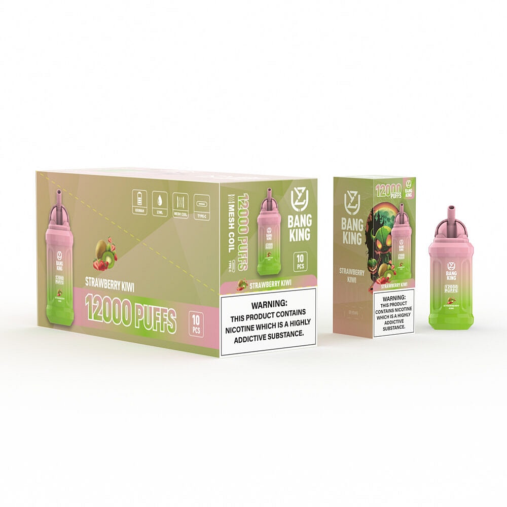 Bang King Einweg-Vape-Verpackung mit einem pink-grünen Vape-Pen mit der Aufschrift „Strawberry Kiwi 12000 Puffs“ und einem Nikotinwarnhinweis. Die Verpackung zeigt Bilder von Erdbeeren und Kiwis und enthält Produktdetails wie „Mesh Coil“ und „10 PCS“.