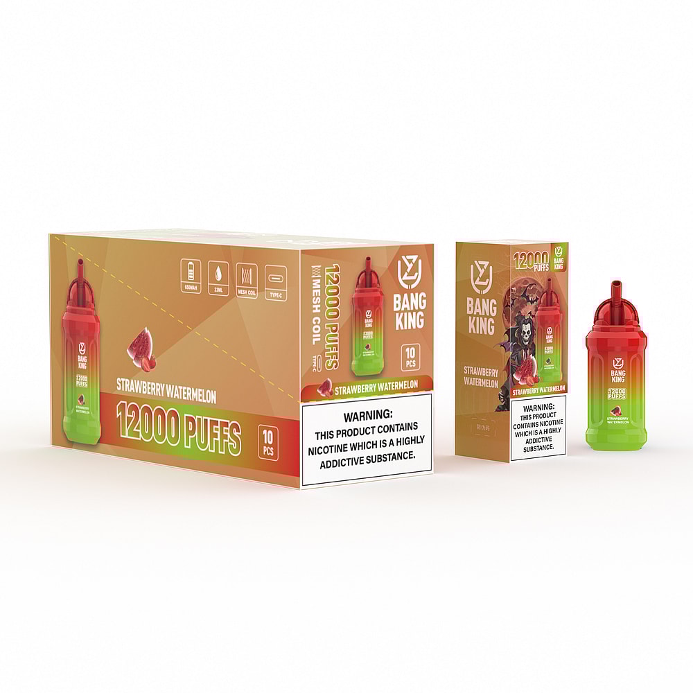 Packaging for Bang King disposable vape in strawberry watermelon flavor, featuring 12,000 puffs, nicotine warning, and an image of the vape device.