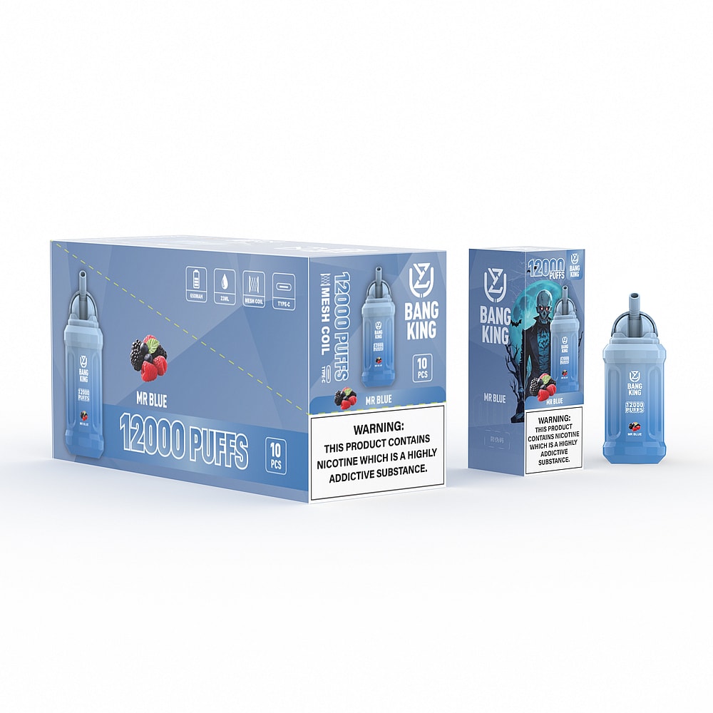Packaging of a "Bang King" vaping product labeled "MR BLUE," featuring a 12,000 puffs capacity and a nicotine warning.