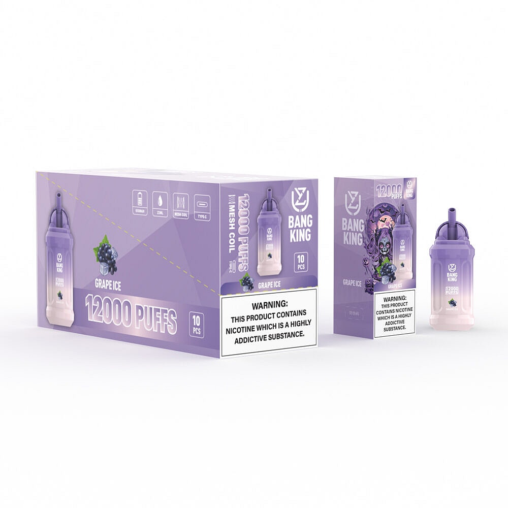 Eine Schachtel und Einzelverpackung der Einweg-E-Zigarette von Bang King mit dem Geschmack „Grape Ice“ im violett-weißen Farbverlaufsdesign mit einem sichtbaren Warnhinweis zur Nikotinsucht.