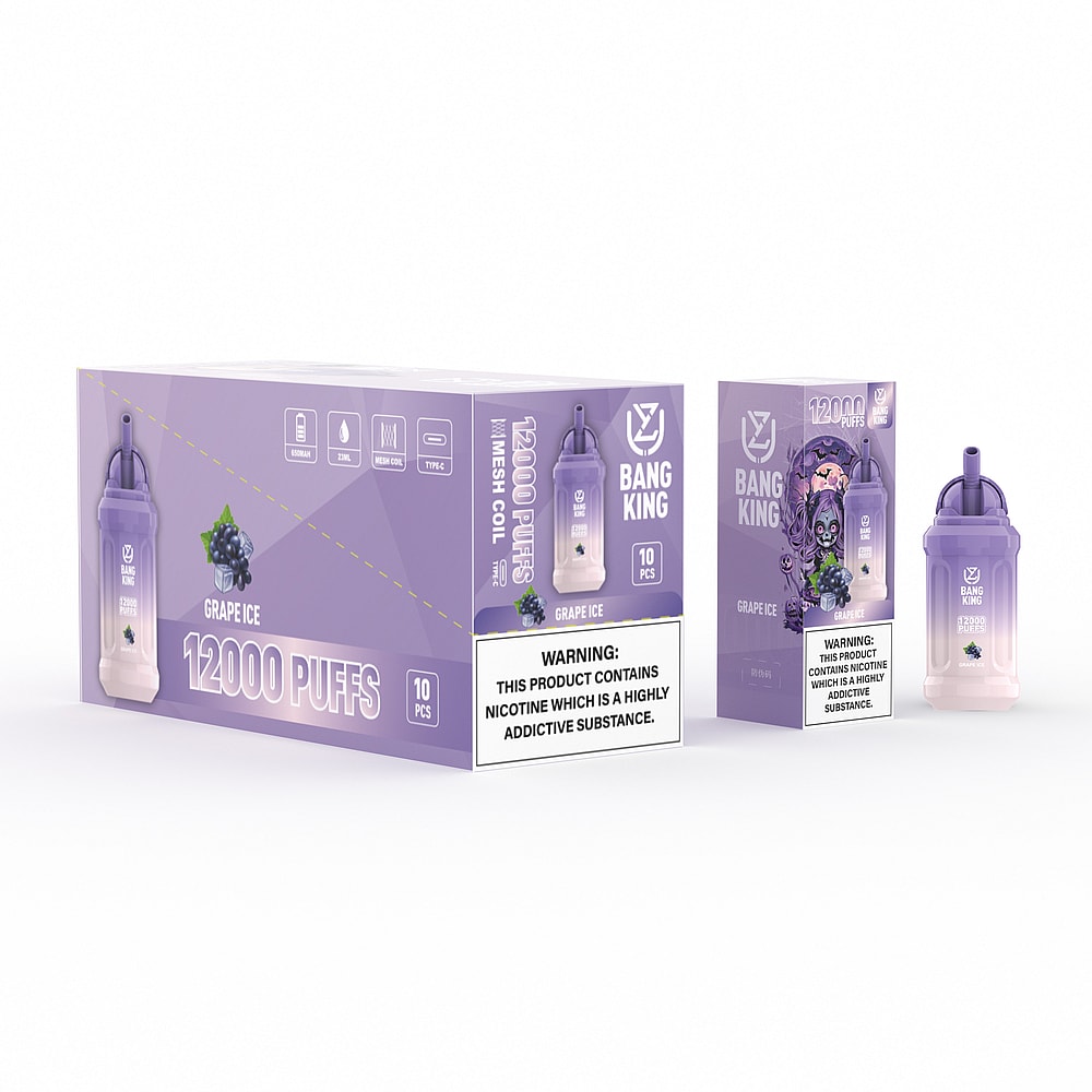 A box and individual packaging of Bang King disposable vape in "Grape Ice" flavor, featuring a purple and white gradient design with a visible warning label about nicotine addiction.