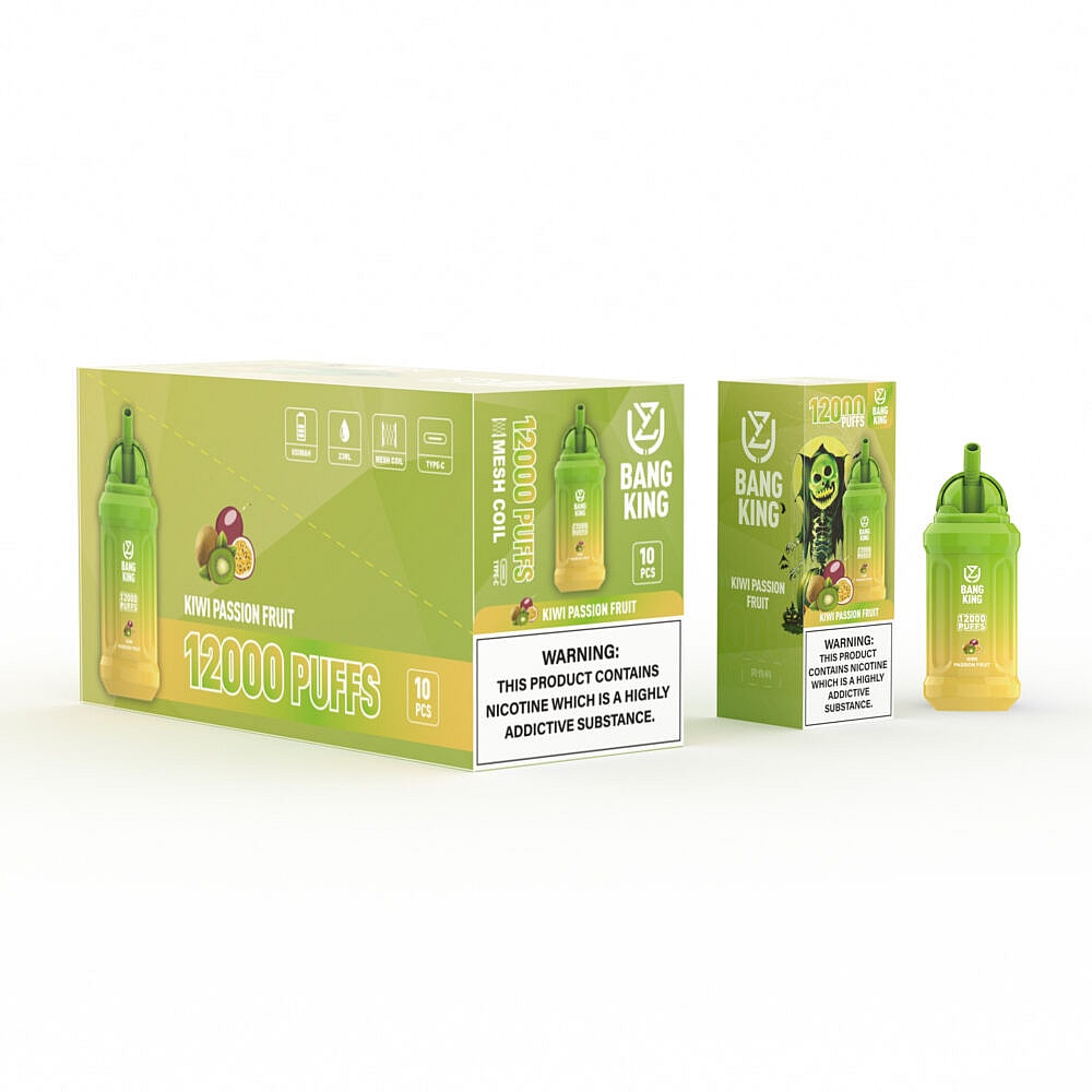 Verpackung eines Einweg-Vape-Produkts mit der Aufschrift „Bang King“ und dem Geschmack „Kiwi Passionsfrucht“, 12.000 Zügen und einem Nikotinhinweis. Die Verpackung zeigt ein grün-gelbes Vape-Gerät.