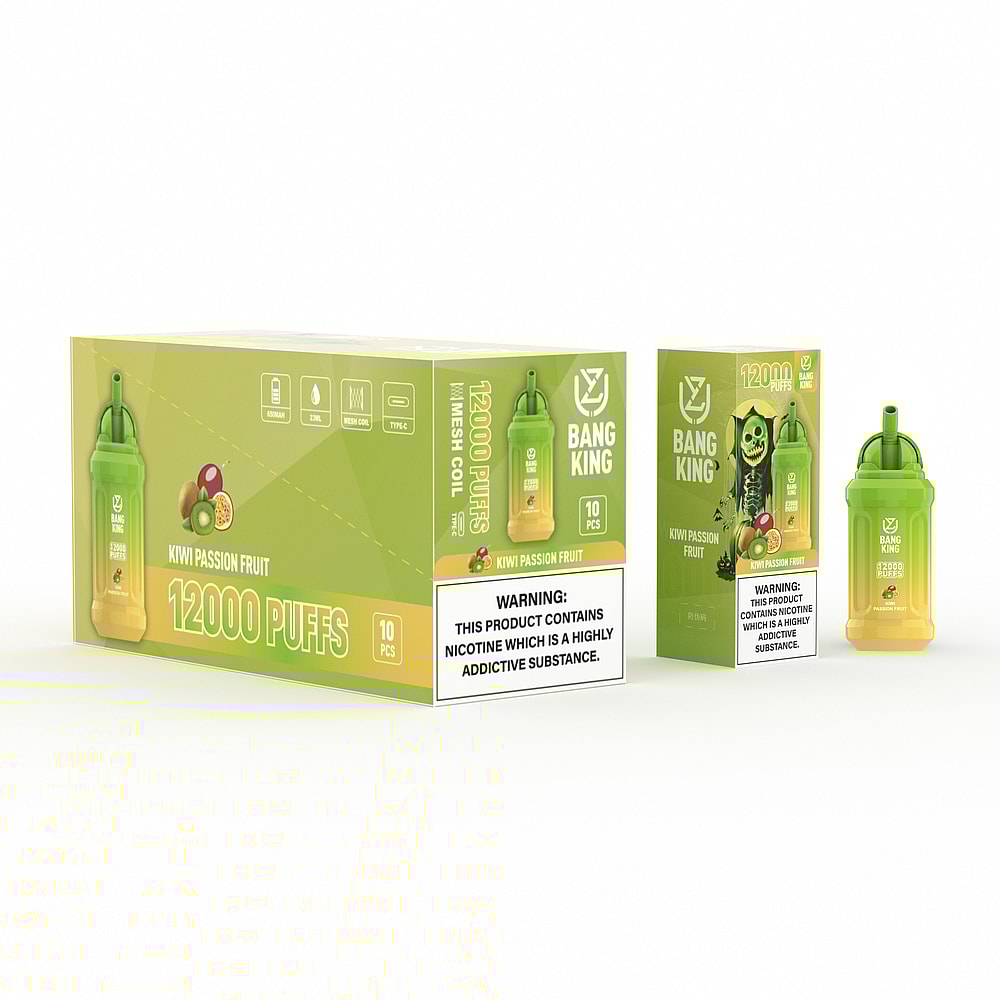 Packaging of a disposable vape product labeled "Bang King" with "Kiwi Passion Fruit" flavor, 12000 puffs, and a nicotine warning. The packaging shows a green and yellow vape device.