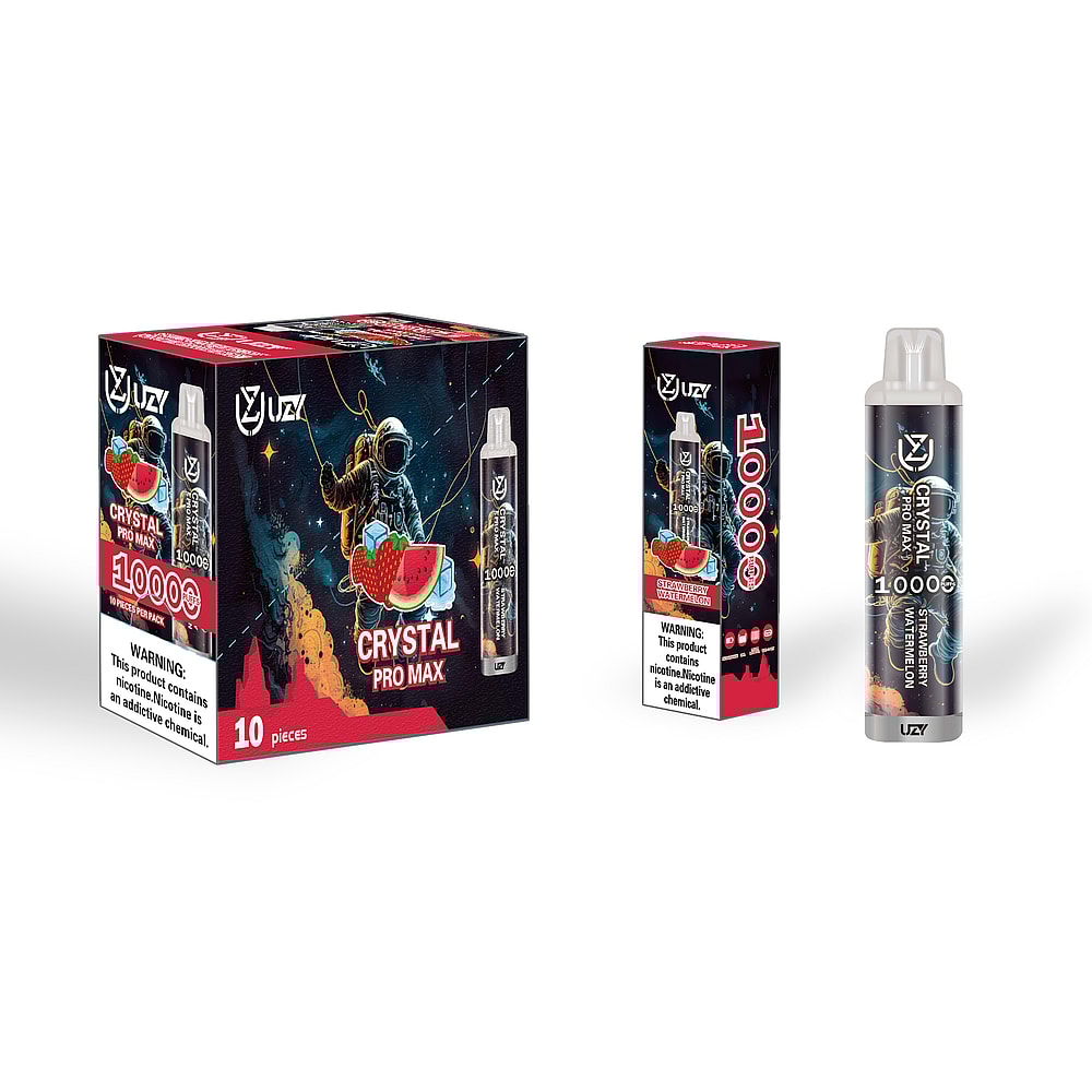 Confezione e dispositivo per svapare etichettato "Crystal Pro Max" con 10.000 boccate, aroma di fragola e anguria e avvertenza sulla nicotina.