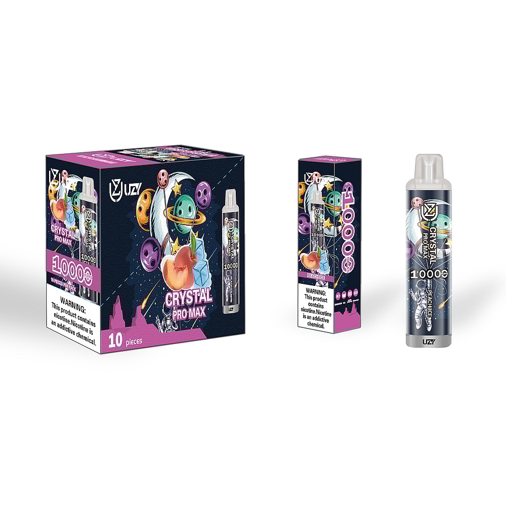 Una scatola e un contenitore individuale di YUZI Crystal Pro Max per vaporizzatore al gusto di pesca, raffiguranti pianeti e frutta, con un testo che indica 10.000 boccate e un avviso sul contenuto di nicotina.