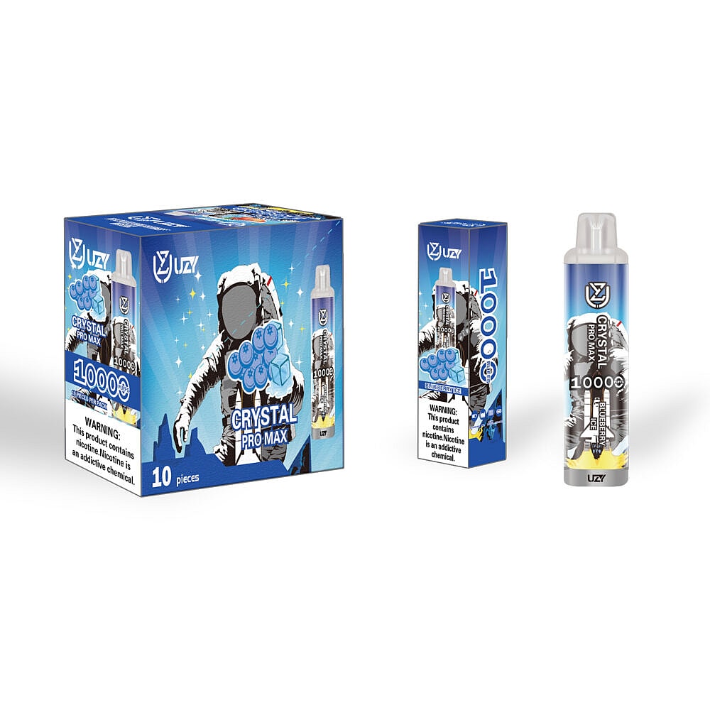 Verpackung und Produktbild des Vape „Crystal Pro Max“ im blauen Design mit Astronaut und Eiswürfeln, dem Text „10000“ und einer Nikotinwarnung.