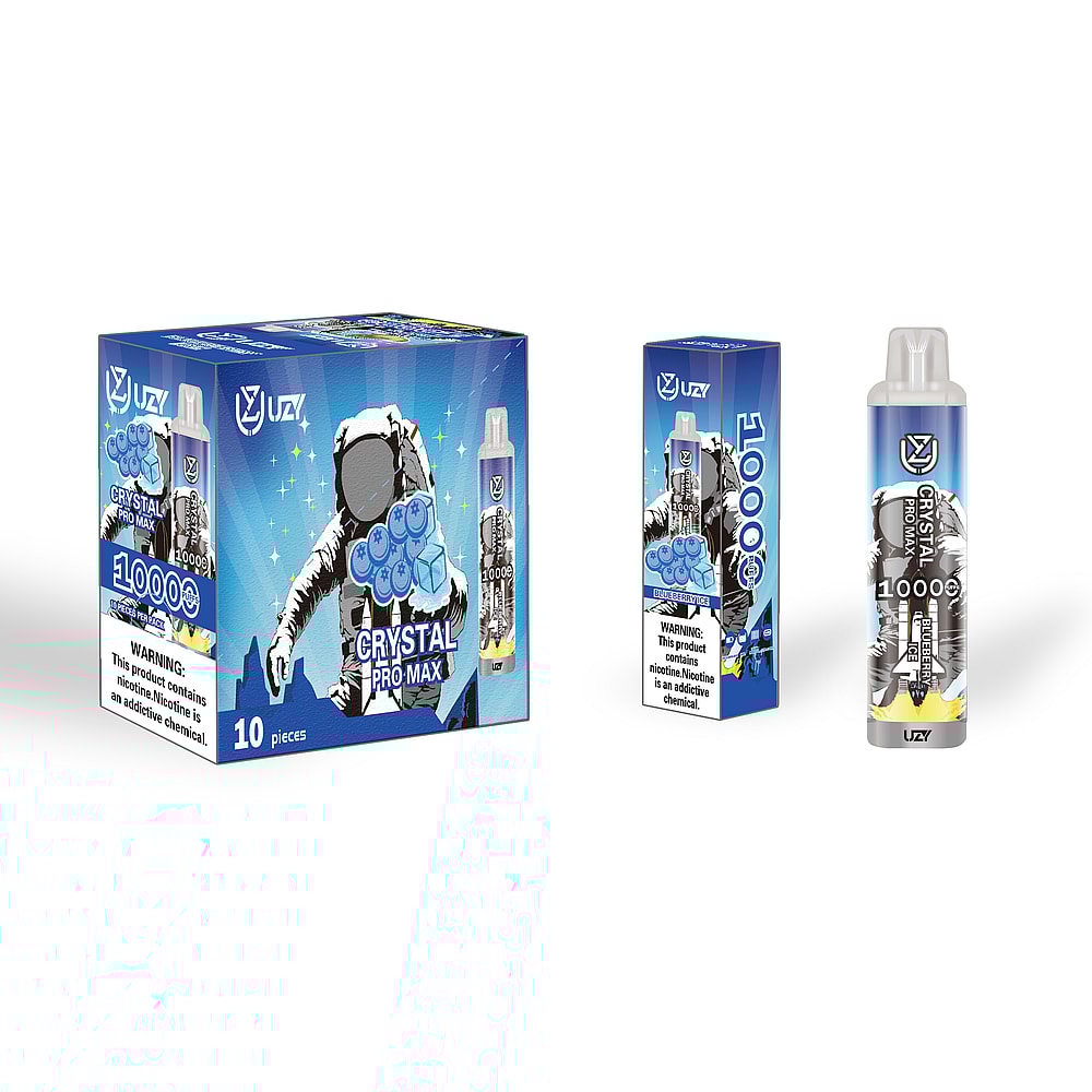 Confezione e immagine del prodotto della sigaretta elettronica "Crystal Pro Max", caratterizzata da un design a tema blu con un astronauta e cubetti di ghiaccio, con la scritta "10000" e un'avvertenza sulla nicotina.
