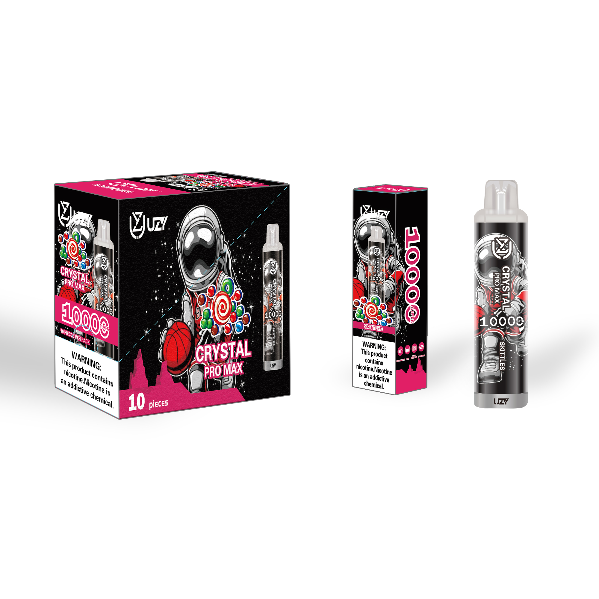 Scatola e imballaggio dello svapo monouso UZI Crystal Pro Max con un design futuristico ispirato a un astronauta e un'etichetta con la scritta "10000 puff".