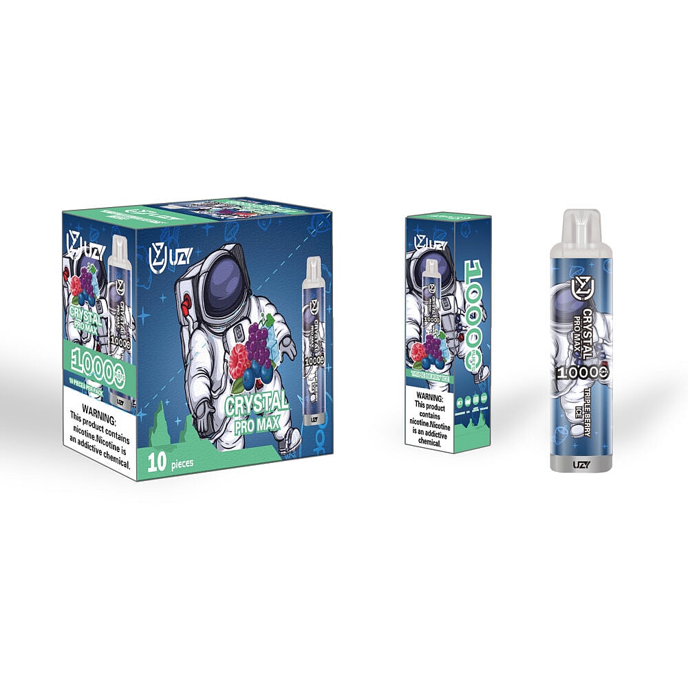 Eine Packung Einweg-Vaporizer „Crystal Pro Max“ mit einer Astronautenillustration und Bildern mit Beerengeschmack sowie einem Warnhinweis zu Nikotin.
