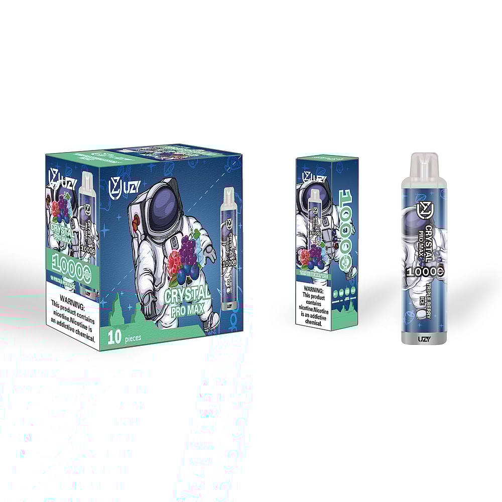 Una confezione di sigarette elettroniche usa e getta "Crystal Pro Max" raffigurante un astronauta e immagini al gusto di frutti di bosco, con un'etichetta di avvertenza sulla nicotina.