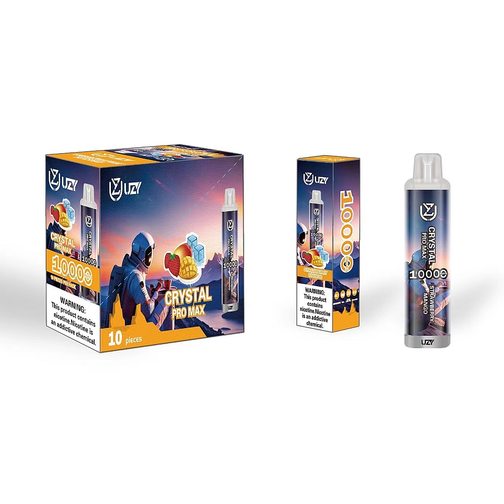 Una scatola e una singola unità di vaporizzatore usa e getta Crystal Pro Max da 10000 tiri, con un design a tema spaziale con frutta e cubetti di ghiaccio e un'etichetta di avvertenza sulla nicotina.