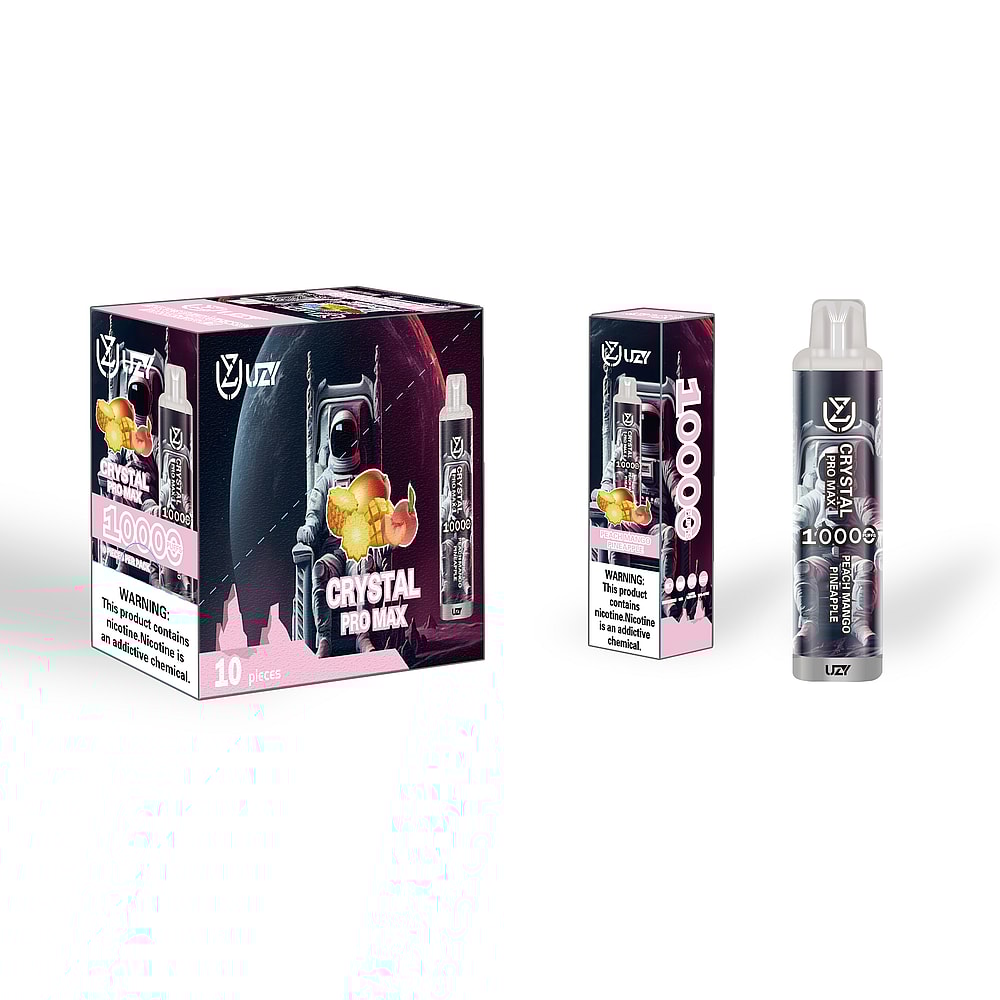 Una scatola e un dispositivo per svapare etichettati "Crystal Pro Max 10000" con un sapore di pesca, mango e ananas e un'avvertenza sulla nicotina.