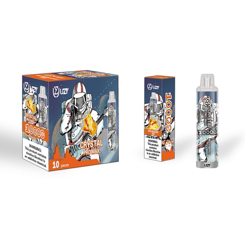 Eine Schachtel und ein Vape-Gerät mit der Aufschrift „Crystal Pro Max 10000“ mit einer futuristischen Astronautenillustration, die einen großen orangefarbenen Kristall hält, sowie Warnhinweisen zum Nikotingehalt.