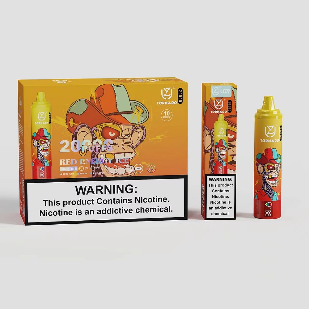 Una scatola e due confezioni di Tornado Vape etichettate "Red Energy Ice", raffiguranti una scimmia con cappello e occhiali da sole, insieme a un'avvertenza sulla nicotina.