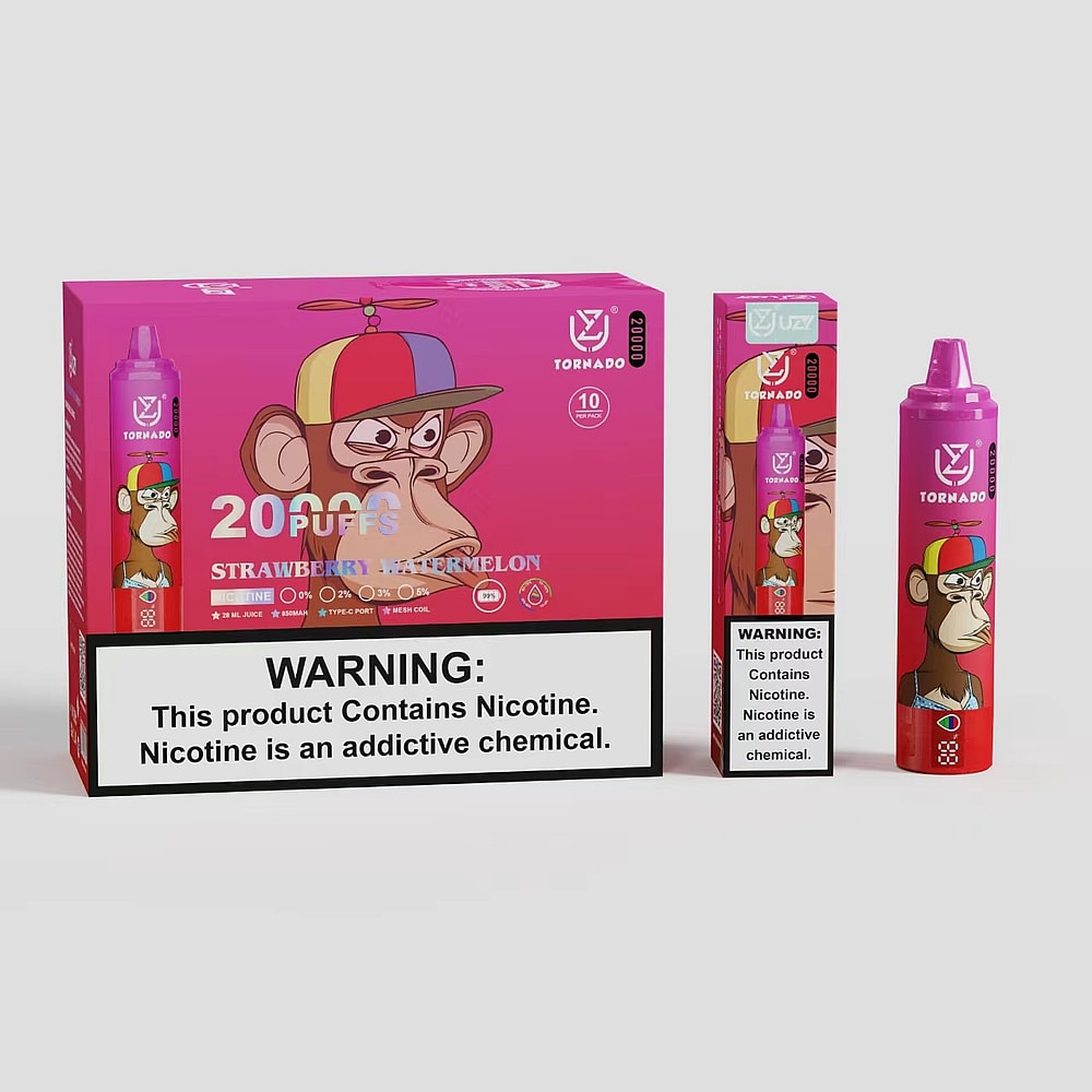Scatola e vaporizzatore raffiguranti una scimmia dei cartoni animati che indossa un colorato cappello a forma di elica, con la scritta "Tornado 20.000 tiri fragola anguria" e un'avvertenza sulla dipendenza da nicotina.