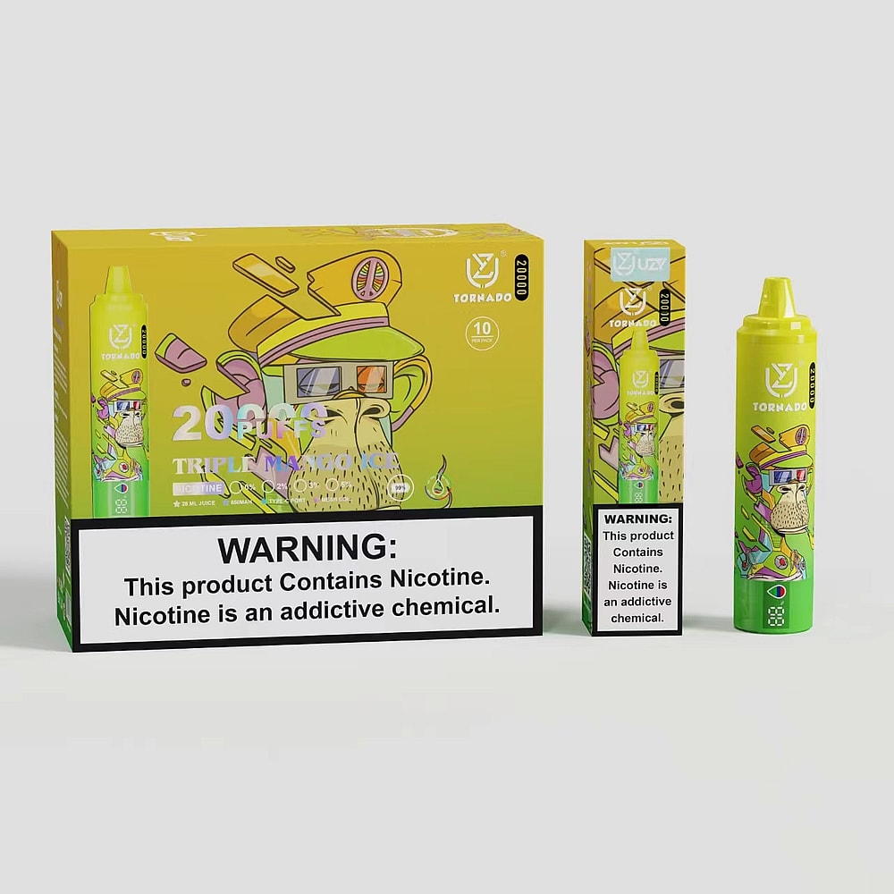 Una scatola gialla e un dispositivo per svapare con l'etichetta "Tornado 10000" con un'immagine colorata, un testo di avvertenza sulla dipendenza da nicotina e la descrizione del sapore "Triple Mango".