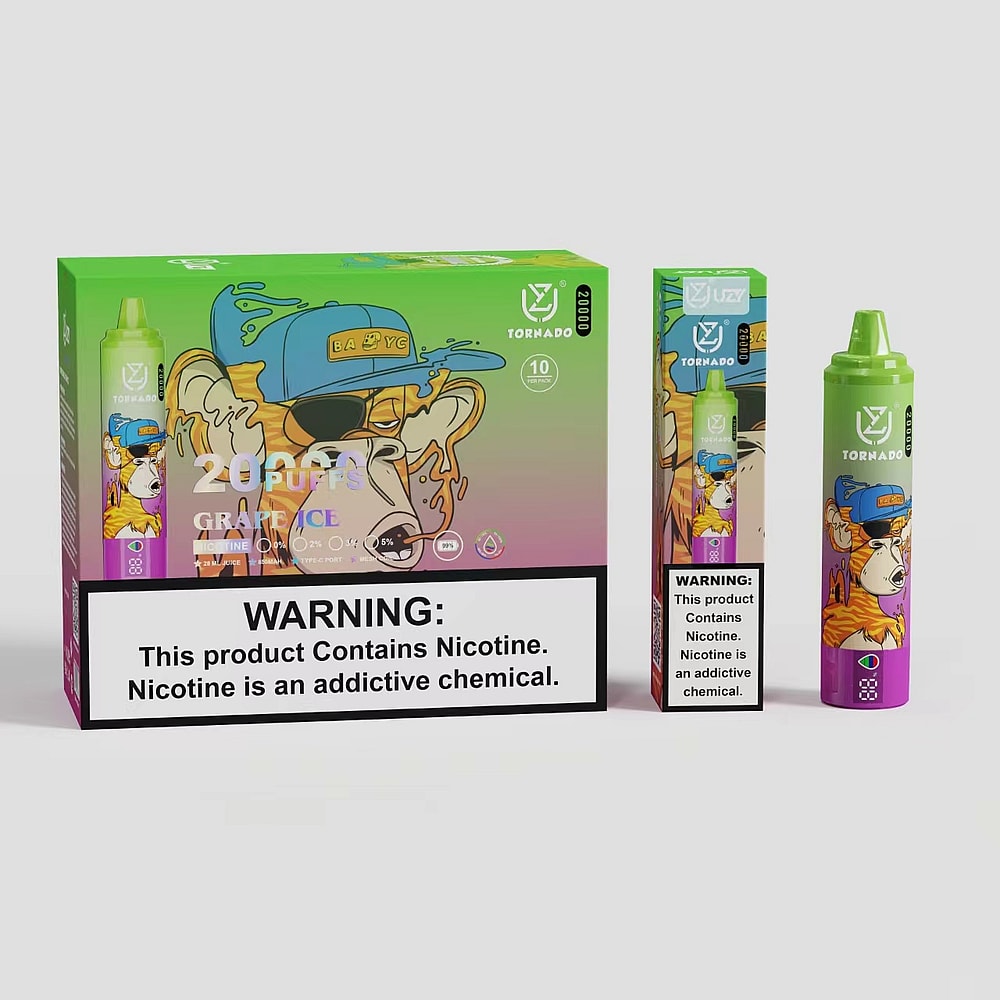 Confezione e prodotto della sigaretta elettronica usa e getta del marchio Tornado, etichettata "Grape Ice", con grafica colorata di un orso dei cartoni animati e un'avvertenza sulla dipendenza da nicotina.