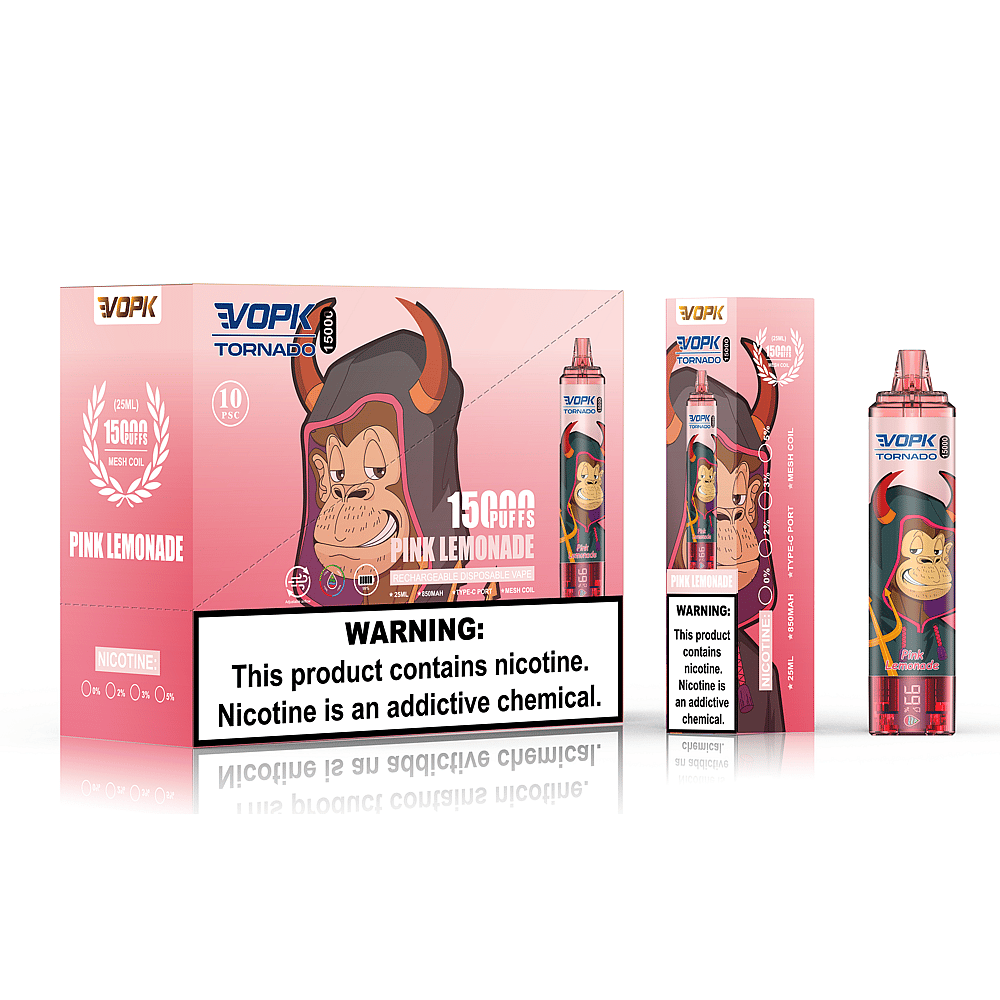 Design della confezione per il vaporizzatore monouso VOPK Tornado da 15000 puff raffigurante un toro dei cartoni animati, aroma "Pink Lemonade", 25 ml, con etichetta di avvertenza sulla nicotina che recita: "Questo prodotto contiene nicotina. La nicotina è una sostanza chimica che crea dipendenza".