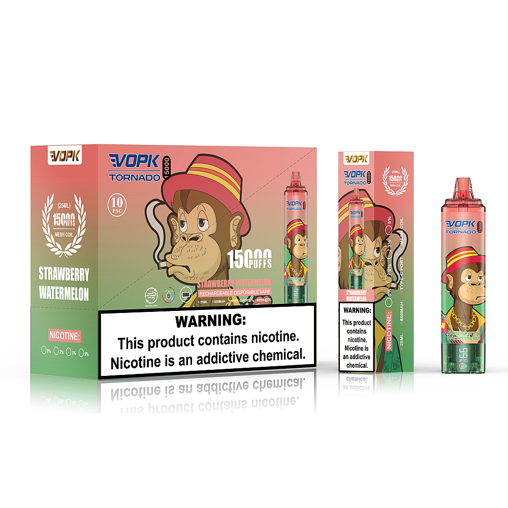 Design della confezione del prodotto per la sigaretta elettronica usa e getta VOPK Tornado, raffigurante un personaggio dei cartoni animati composto da una scimmia in vari elementi grafici colorati, che mettono in risalto il sapore di fragola e anguria e le avvertenze sul contenuto di nicotina.