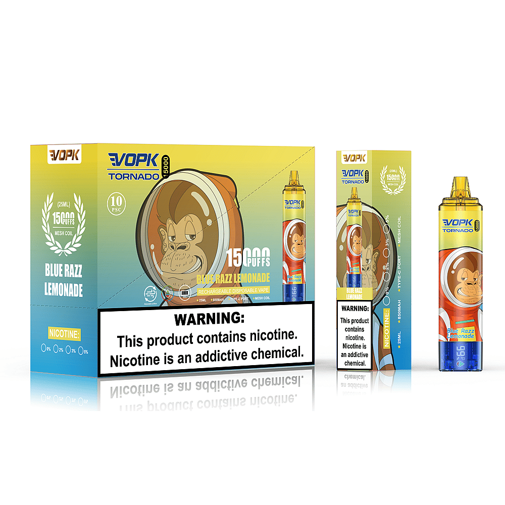 Confezione per svapo con una scimmia dei cartoni animati in un logo circolare, etichettata "VOPK Tornado 15000 puffs" con aroma "Blue Razz Lemonade". La scatola include avvertenze sulla nicotina.