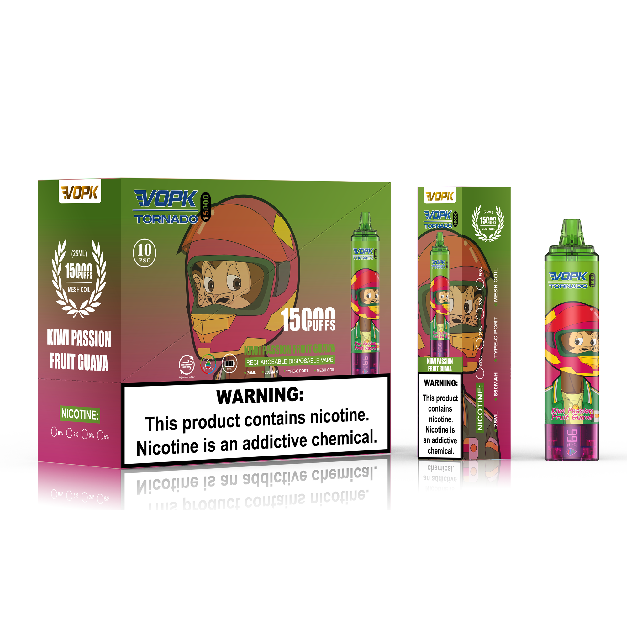 Confezione e penna per svapo usa e getta raffigurante una scimmia con un casco, etichettata "15000 boccate" e aroma "Kiwi Passion Fruit Guava" con avvertenza sulla nicotina.