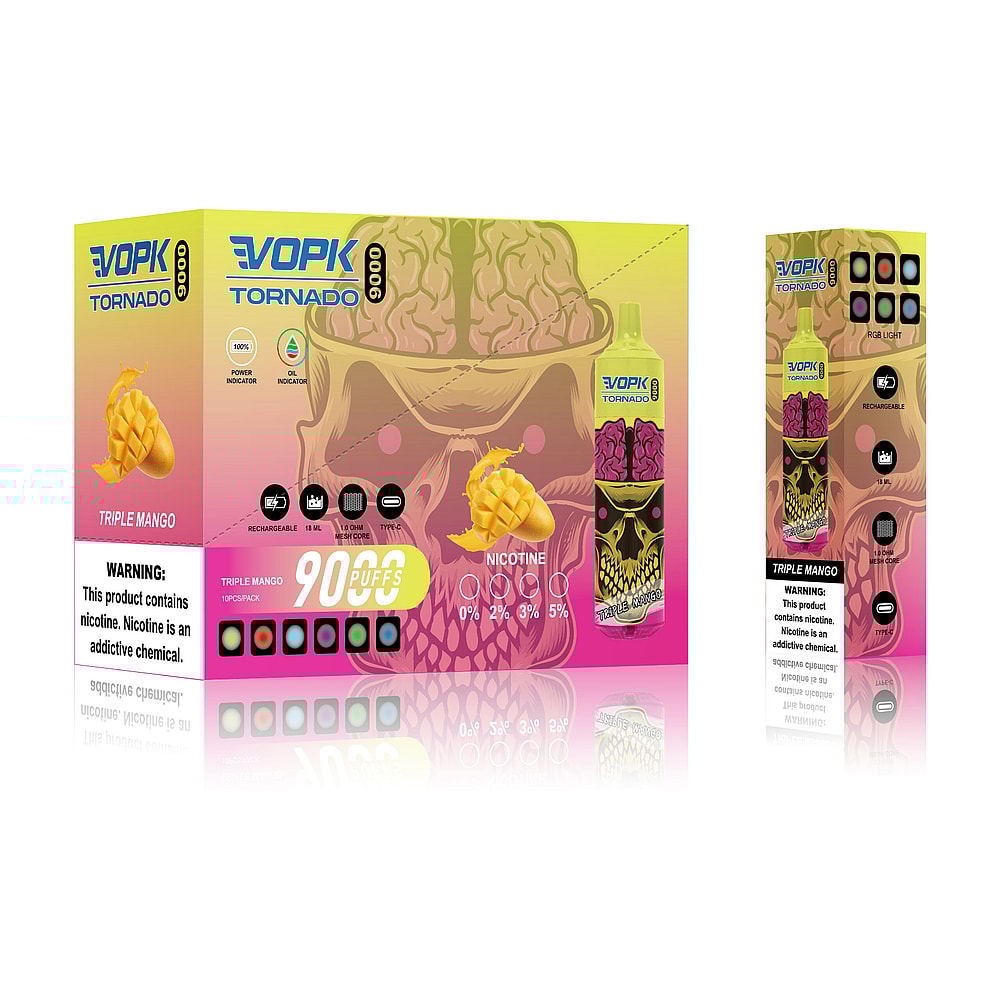 Confezione del prodotto Vape per "VOPK Tornado 9000 Triple Mango", con un design a teschio con illustrazione di mango, livelli di nicotina (0%, 2%, 3%, 5%) e 9000 tiri. Include avvertenze su nicotina e dipendenza.