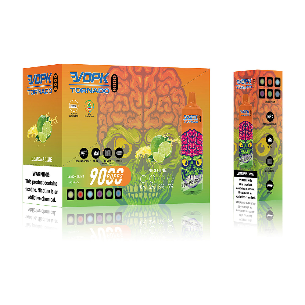 Design della confezione per lo svapo VOPK Tornado, caratterizzato da un aroma di limone/lime, con illustrazioni di colori vivaci e vorticosi e volti mostruosi, che mostrano le opzioni per 90 boccate e varie gradazioni di nicotina.