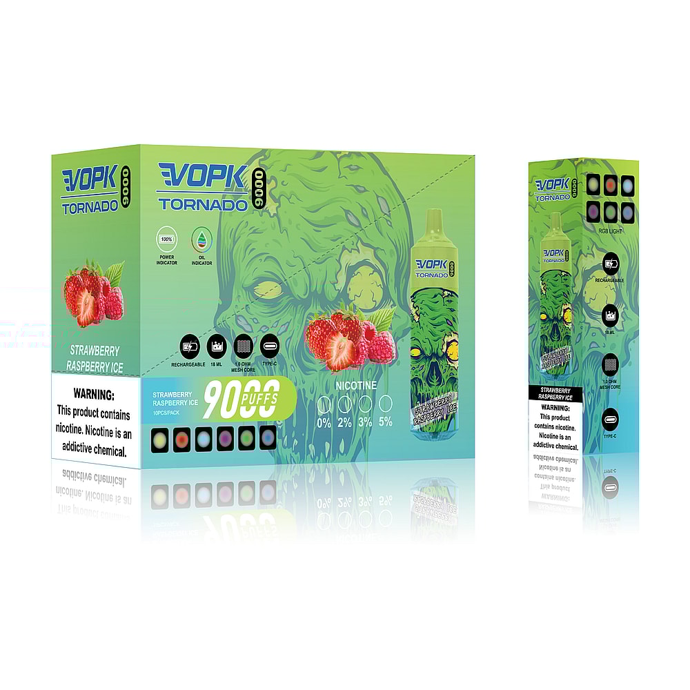 Confezione per svapo con la scritta "VOPK Tornado 9000" con un design zombie verde, aroma "Strawberry Raspberry Ice", livelli di nicotina da 0% a 5% e 9000 tiri. Include luce RGB, batteria ricaricabile e avviso di nicotina.