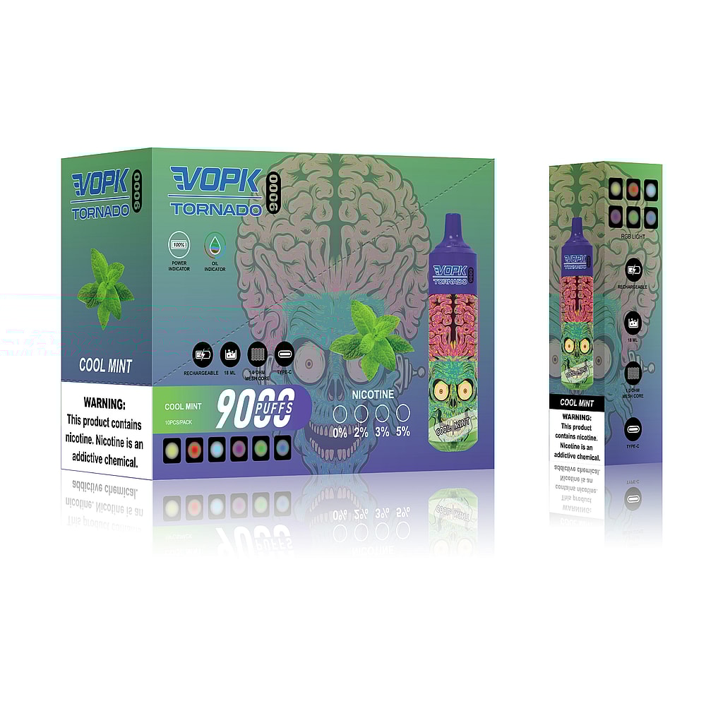 Confezione per un vaporizzatore Vopk Tornado 9000 Cool Mint, con un design con un cervello, foglie di menta e un teschio. La scatola evidenzia 9000 tiri, opzioni di intensità di nicotina (0%, 1%, 2%, 3%, 5%) e avvertenze sulla dipendenza da nicotina.