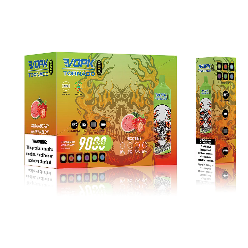 Confezione del vaporizzatore VOPK Tornado 9000 al gusto di fragola e anguria, raffigurante un teschio con fiamme e specifiche del prodotto, tra cui concentrazioni di nicotina, numero di tiri ed etichetta di avvertenza sulla dipendenza da nicotina.