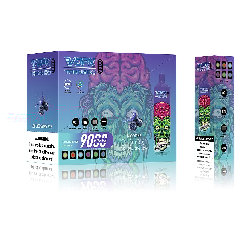 Confezione di un prodotto per svapare chiamato VOPK Tornado 9000 al gusto Blueberry Ice, raffigurante una faccia di zombie verde con un cervello rosa, un'immagine di mirtillo e livelli di nicotina che vanno da 0% a 5%. Include un'etichetta di avvertenza sulla nicotina.