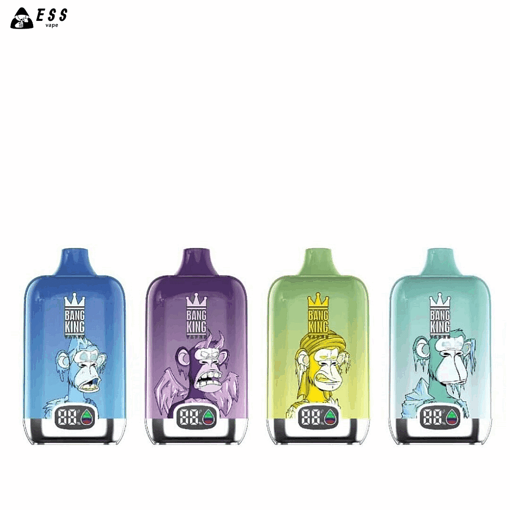 Vier farbenfrohe Vape-Geräte mit Cartoon-Affen-Motiven auf der Vorderseite. Jedes Gerät verfügt unten über eine LED-Anzeige mit der Aufschrift „88%“. Die Geräte sind blau, lila, gelbgrün und türkis.