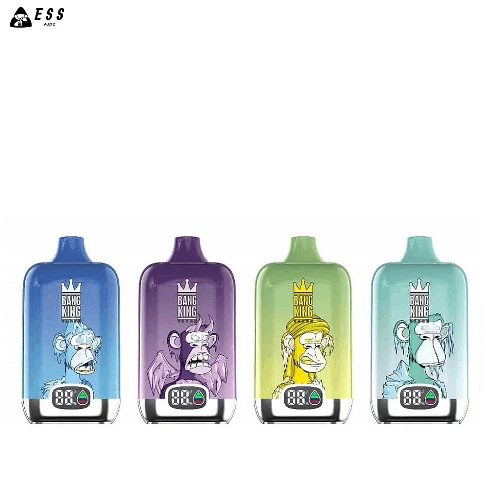 Cuatro dispositivos de vapeo coloridos con diseños de monos de dibujos animados en el frente, cada uno con una pantalla LED en la parte inferior que muestra "88%". Los dispositivos son de color azul, violeta, verde amarillento y turquesa.