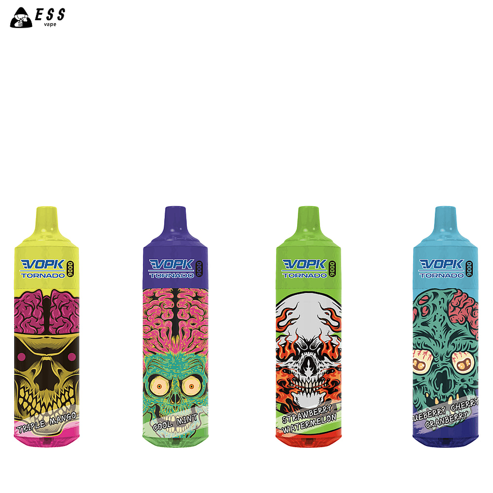 Quattro colorati dispositivi per svapare usa e getta etichettati "VOPK Tornado" con vari disegni di teschi e cervelli in stile cartone animato, nei gusti: Triple Mango, Cool Mint, Strawberry Watermelon e Blueberry Cherry Cranberry.