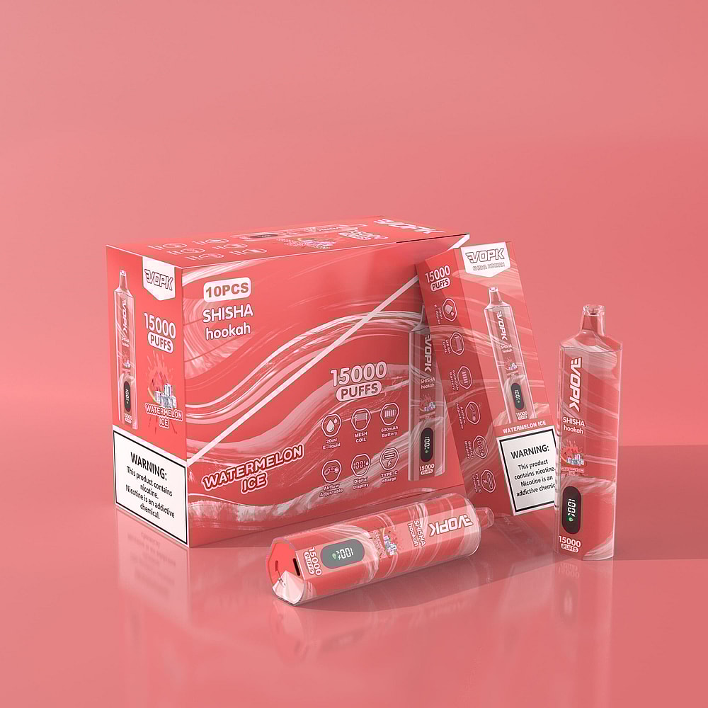 Confezione rossa e dispositivi per svapare con l'etichetta "Watermelon Ice" per un narghilè con capacità di 15.000 boccate e avviso di presenza di nicotina.