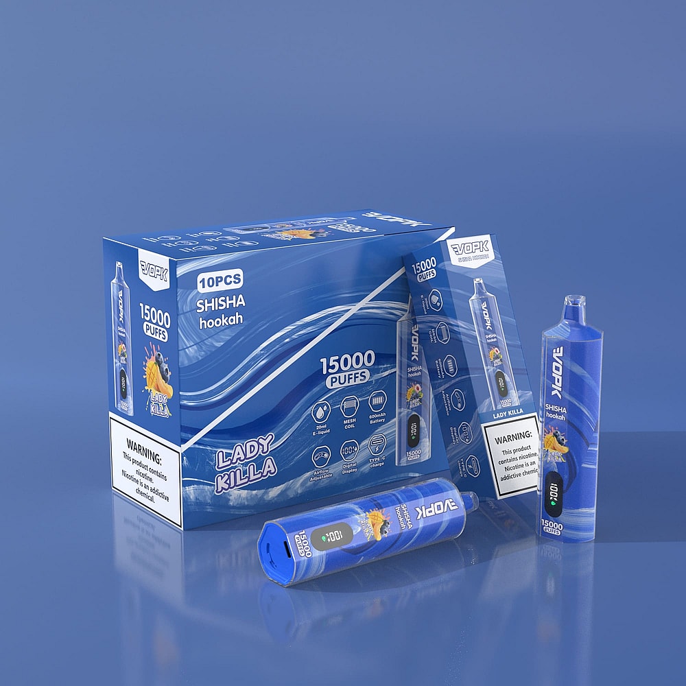 Un set di 10 narghilè in una scatola blu, ciascuno etichettato con la scritta "15000 boccate" e il marchio "Lady Killa", mostrato accanto ai singoli dispositivi e alla confezione con un'avvertenza sanitaria.