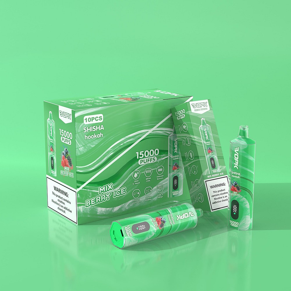 Una scatola verde e due dispositivi per svapare etichettati "VOPK Mix Berry Ice", contenenti 15.000 boccate, con l'etichetta "Attenzione: contiene nicotina".