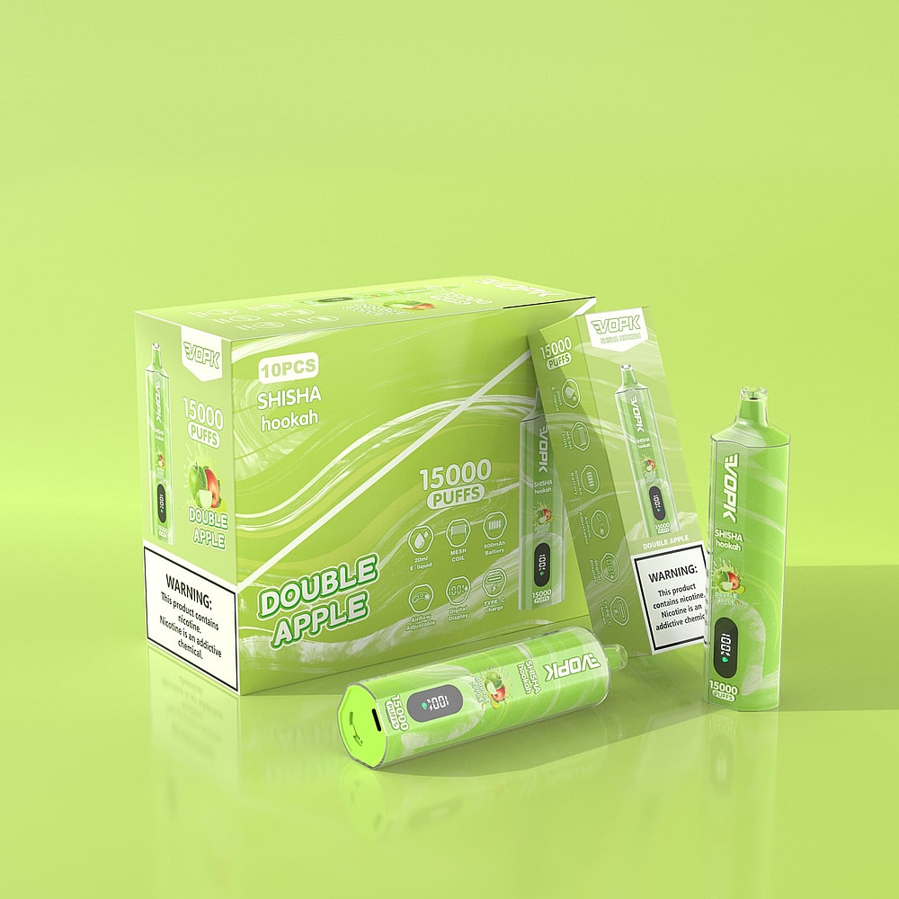 Confezione verde di un narghilè con l'etichetta "Double Apple", contenente 10 unità monouso da 15.000 boccate ciascuna.