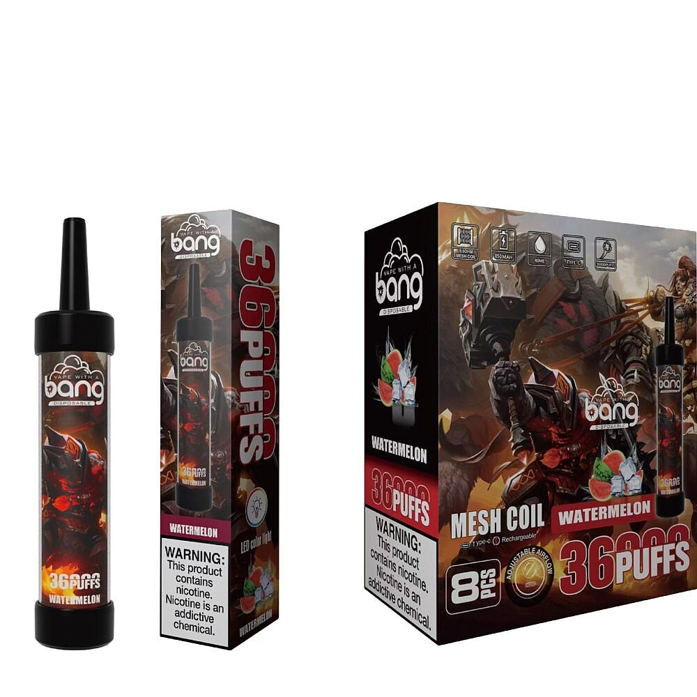 Bang disposable vape pen packaging in a watermelon flavor, featuring a 36-puff capacity with a mesh coil, showing product images and warning labels.