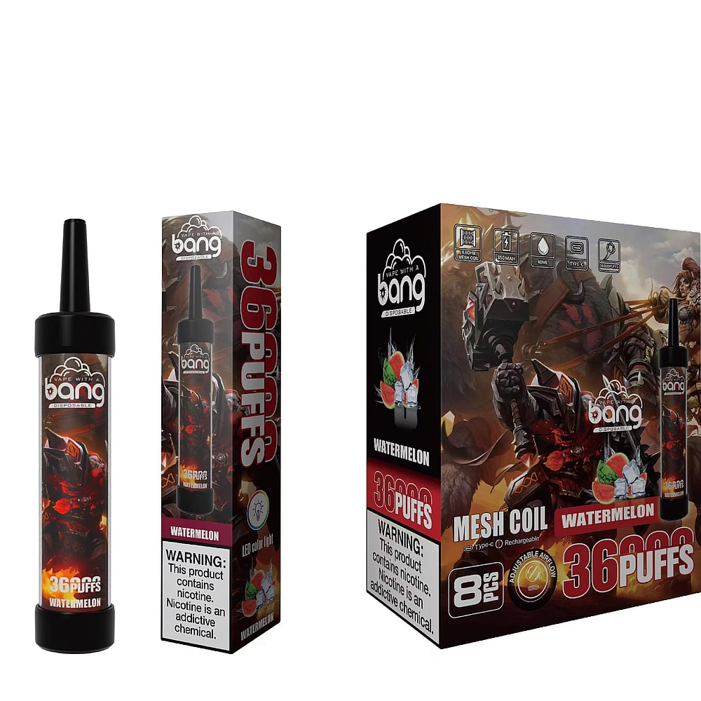 Bang disposable vape pen packaging in a watermelon flavor, featuring a 36-puff capacity with a mesh coil, showing product images and warning labels.