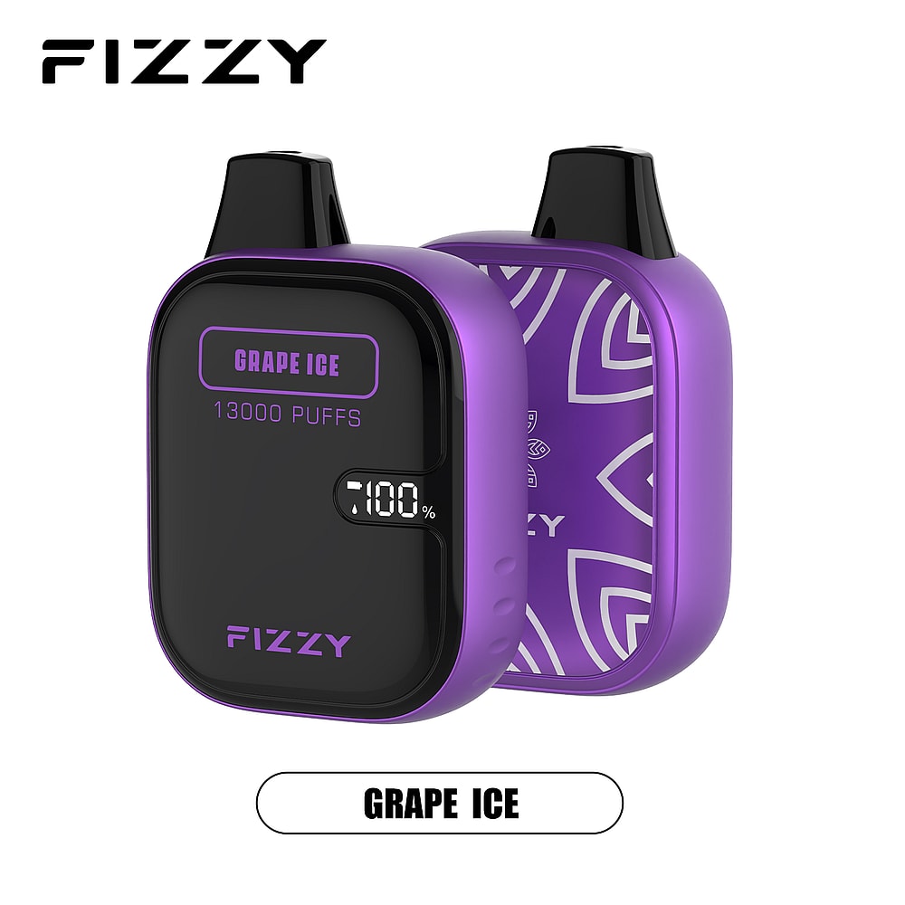 Vaporizzatore monouso Fizzy Grape Ice con 13.000 tiri e display digitale che mostra la batteria 100%
