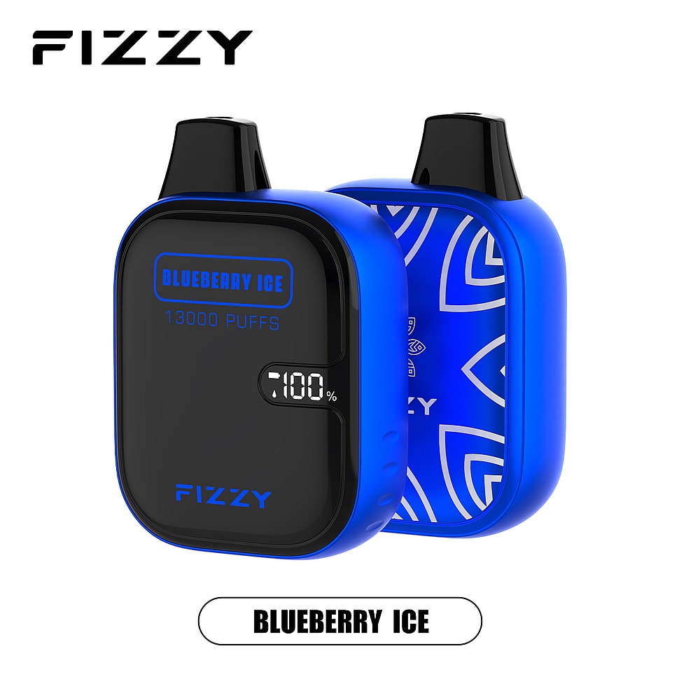 Dispositivo per svapare rettangolare blu con l'etichetta "FIZZY" al gusto "Blueberry Ice" e "13000 PUFFS", che mostra uno schermo digitale con la scritta "100%".
