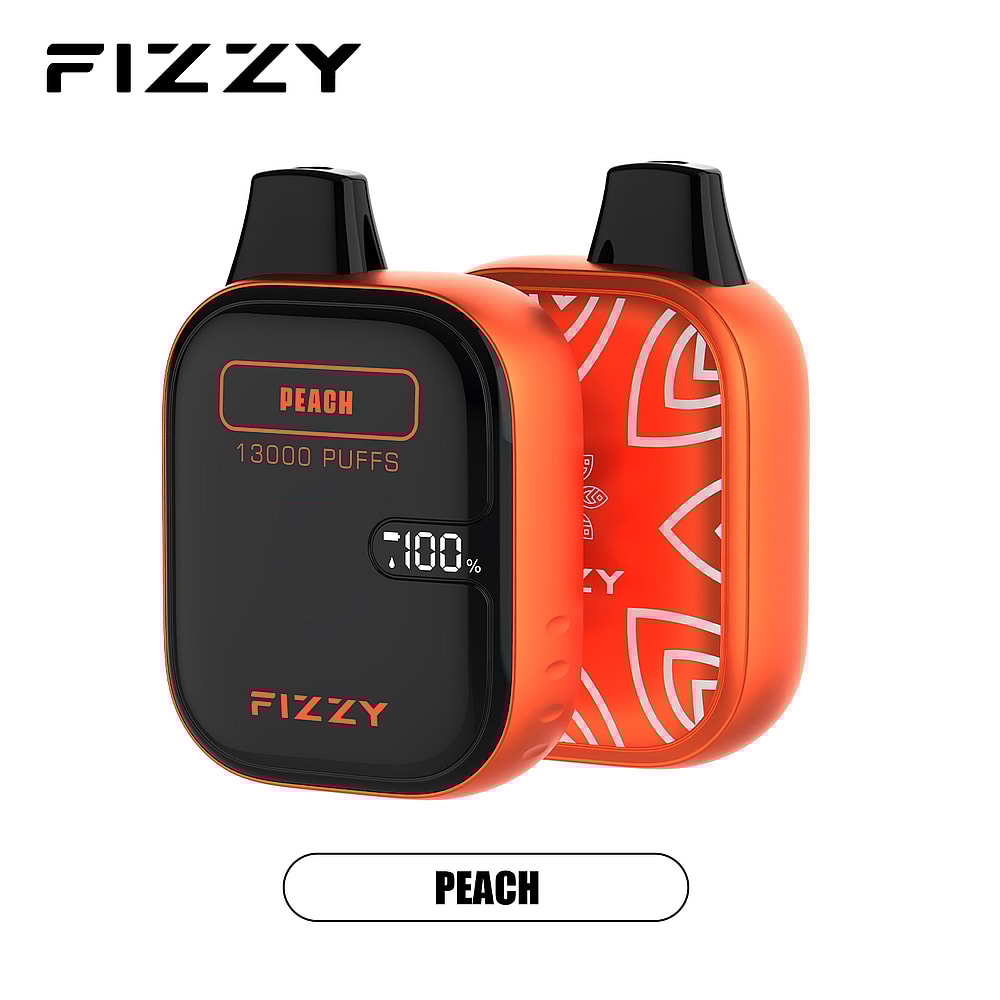 Dispositivo per svapare usa e getta arancione e nero con marchio Fizzy, etichetta "Peach" con "13000 boccate" e un indicatore della batteria che mostra 100%.