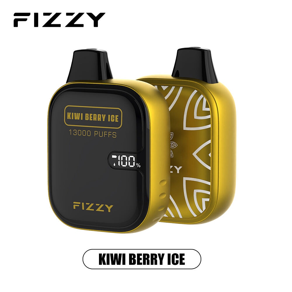 Dispositivo vape descartável Fizzy Kiwi Berry Ice com 13.000 tragadas, com design amarelo e preto e visor digital mostrando bateria 100%.